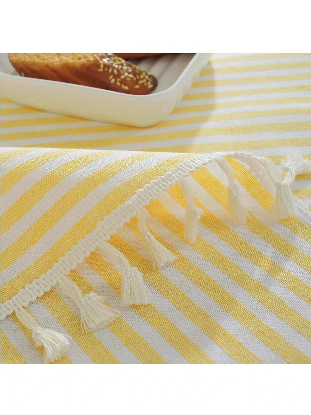 NEW Striped 36” square, cotton blend tablecloth. Yellow & White